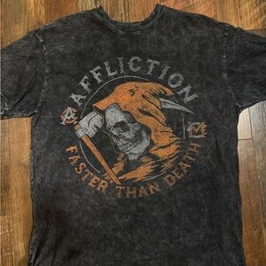Affliction Black and Orange Short Sleeve Tee with Vintage Graphic size M